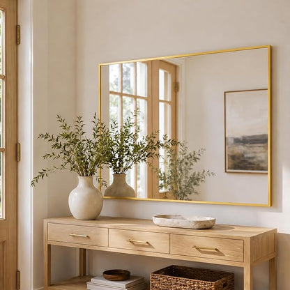 48"x36" Brushed Gold Large Framed Bathroom Vanity Wall Mirror | Large Vanity Wall Mirror, Slim Metal Frame, Dresser or Sideboard Use, Vertical/Horizontal Mount, Tempered Glass