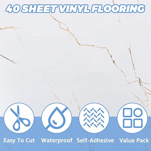 40 Sheet Vinyl Flooring 12x12 Inch Marble White Peel and Stick Floor Tile Waterproof Vinyl Floor Tiles Clearance Self Adhesive Floor Tiles Sticky Laminate Flooring on Bathroom Kitchen Basement