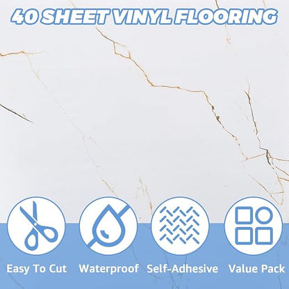 40 Sheet Vinyl Flooring 12x12 Inch Marble White Peel and Stick Floor Tile Waterproof Vinyl Floor Tiles Clearance Self Adhesive Floor Tiles Sticky Laminate Flooring on Bathroom Kitchen Basement