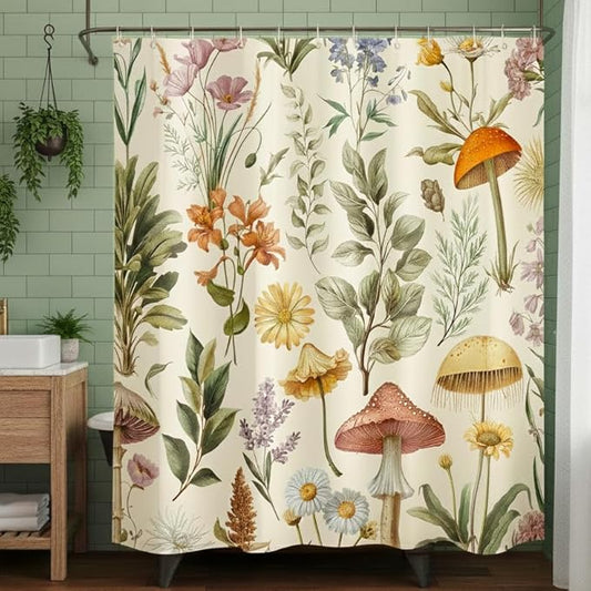 Boho Mushroom Shower Curtain Cottagecore Botanical Floral Bathroom Curtain Beige Retro Nature Plant Farmhouse Bathroom Decor with Hooks, 72W x 72L Inches