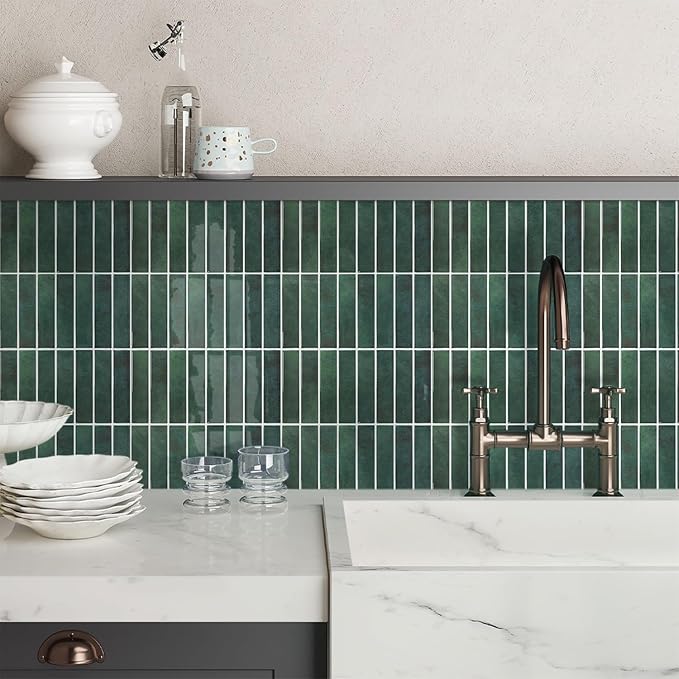 Commomy Green Peel and Stick Tile - 10 Pcs of 12'' x 12'' Vertical 3D Peel and Stick Backsplash for Kitchen and Bathroom Interior Wall Tile(Glossy Surface, Covers 10 sq.ft)