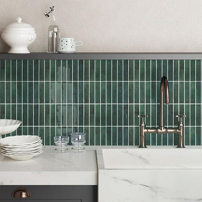 Commomy Green Peel and Stick Tile - 10 Pcs of 12'' x 12'' Vertical 3D Peel and Stick Backsplash for Kitchen and Bathroom Interior Wall Tile(Glossy Surface, Covers 10 sq.ft)
