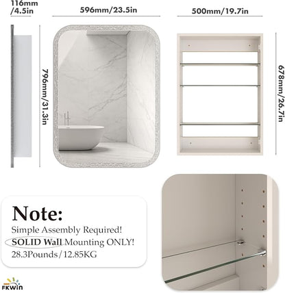 FKWin Luxury Medicine Cabinet Mirror for Bathrooms or Apartment, Wall Mount | Crystal Embossed Acrylic Frame Medicine Cabinets for Bathroom, Easy Install, Adjustable Shelves, Reversible Door, 24x32 inch