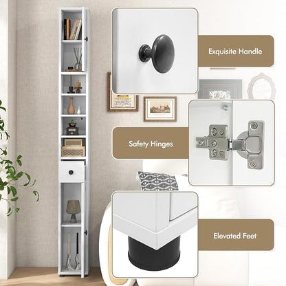 GIANTEX 71” Tall Slim Bathroom Storage Cabinet (White) | Narrow Floor Cabinet with 2 Doors, 5 Adjustable Shelves, 1 Drawer, Anti-Tipping Device for Small Spaces, Living Room, Kitchen