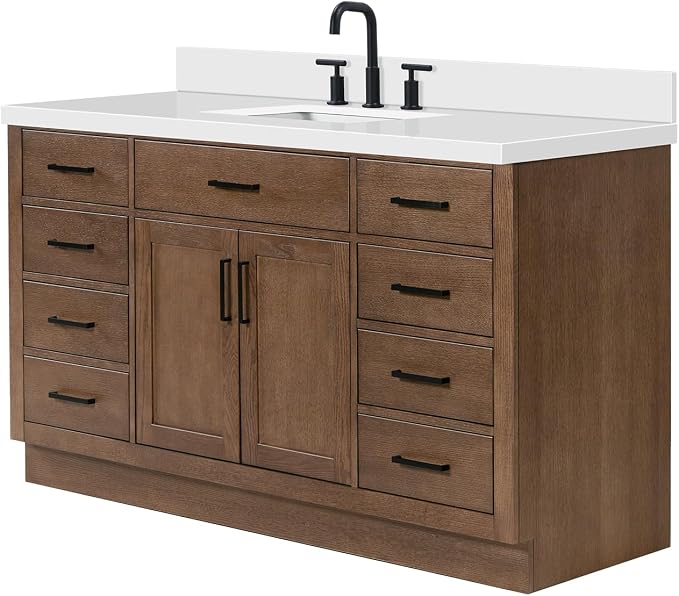 ARIEL Hepburn 60-inch Bathroom Vanity with Sink,Solid Wood, 1.5-inch Pure White Quartz Countertop, Single Rectangular Porcelain Sink, 2 Soft Closing Doors, 9 Dovetail Drawers, Brown Oak