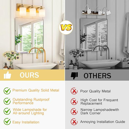 3 Light Modern Bathroom Light Fixtures Over Mirror, Brass Finish Vanity Lights for Bathroom Wall Sconces with Milky White Glass Shades, E26 Socket (Bulbs Not Included)