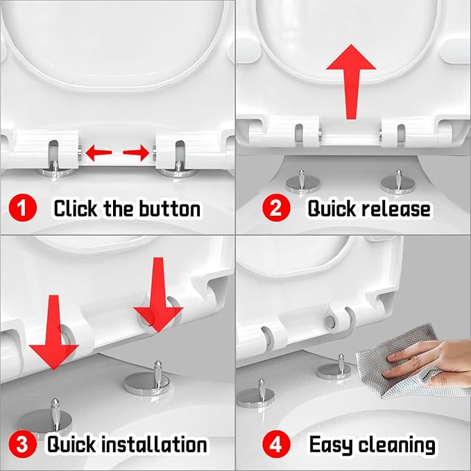 Heavy-Duty Premium Round Toilet Seat, Soft Close Quiet & Slow, Metal Hinges with Quick-Attach Hardware, Durable, Easy to Clean, Fits Standard Round Toilets (16.5″), White