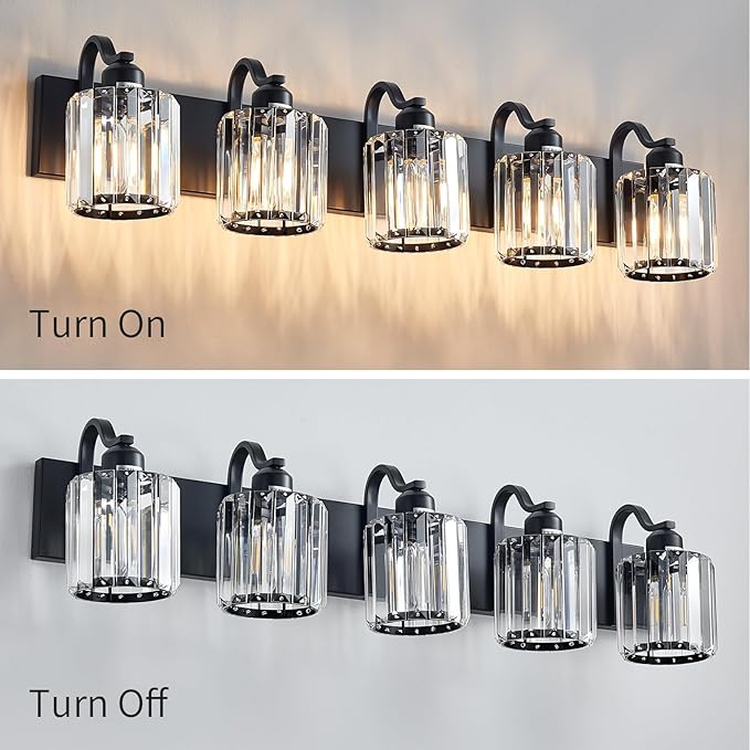 Crystal Vanity Light Black Bathroom Vanity Lighting Fixtures 5 Lights Modern Vanity Light for Bathroom with Crystal Round Shade (Exclude Bulb)