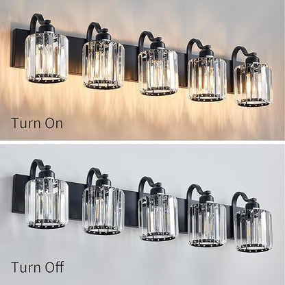 Crystal Vanity Light Black Bathroom Vanity Lighting Fixtures 5 Lights Modern Vanity Light for Bathroom with Crystal Round Shade (Exclude Bulb)