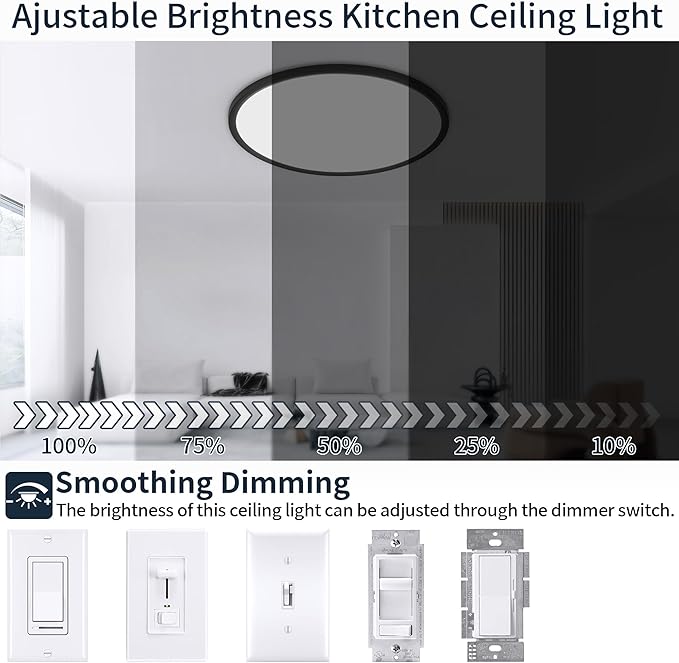 MOONSEA 16 Inch Flush Mount Ceiling Light Fixture 28W - LED Ceiling Kitchen Lights Fixtures 2800lm, 3000K/4500K/6000K Adjustable Light Fixture Ceiling Mount, Dimmable Thin Light for Bathroom,Black
