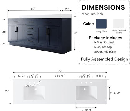 80-Inch Bathroom Vanity with Double Sinks W/ 4 Doors & 4 Drawers & 2 Flip Drawers, Navy Blue Vanity W/Matte Black Handles