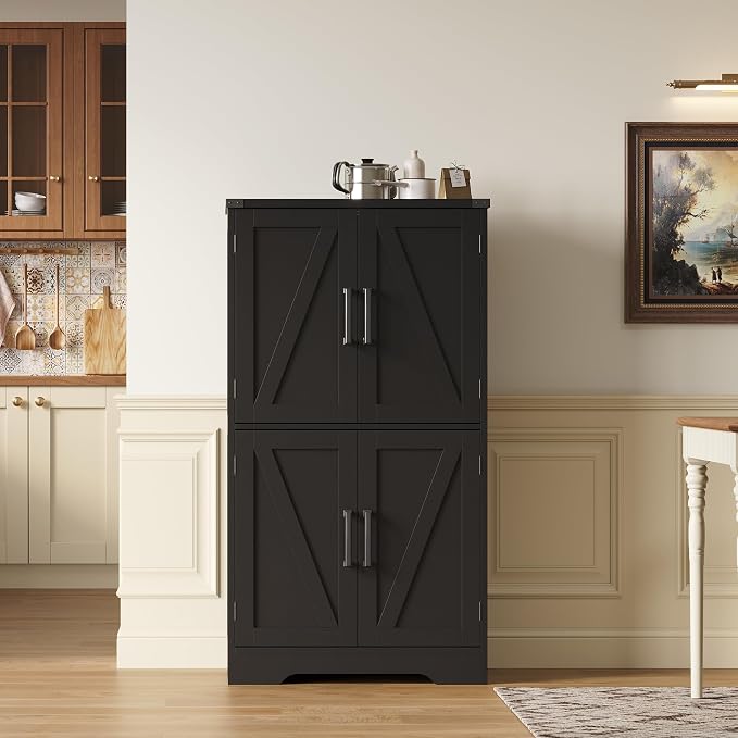Treocho Farmhouse Bathroom Floor Cabinet with Adjustable Shelves | 13.78"D x 23.62"W x 43.46"H, Freestanding Kitchen Pantry Cabinet, Cupboard for Living Room, Dining Room, Black