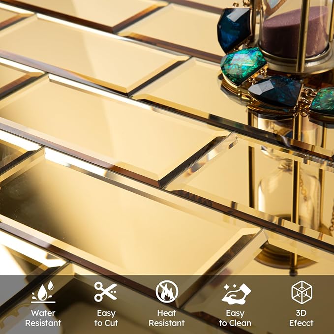 Peel and Stick Mirror Backsplash, Gold, 3x6 Inch, Beveled Mirror Subway Kitchen Bar Wall Tile (5 Sq.ft, 40 Pcs)