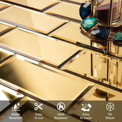 Peel and Stick Mirror Backsplash, Gold, 3x6 Inch, Beveled Mirror Subway Kitchen Bar Wall Tile (5 Sq.ft, 40 Pcs)