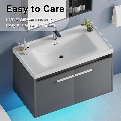 4ever2buy 31" Floating Bathroom Vanity with Sink, Modern Bathroom Vanity with LED Light, Wall Mounted Sink Cabinet with 2 Doors, Grey
