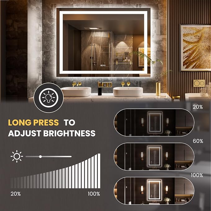 LOAAO 58"X40" LED Bathroom Mirror with Lights, UL Listed | Anti-Fog, Dimmable, 3 Color Temperature, Backlit + Front Lit, Memory Function, Tempered Glass