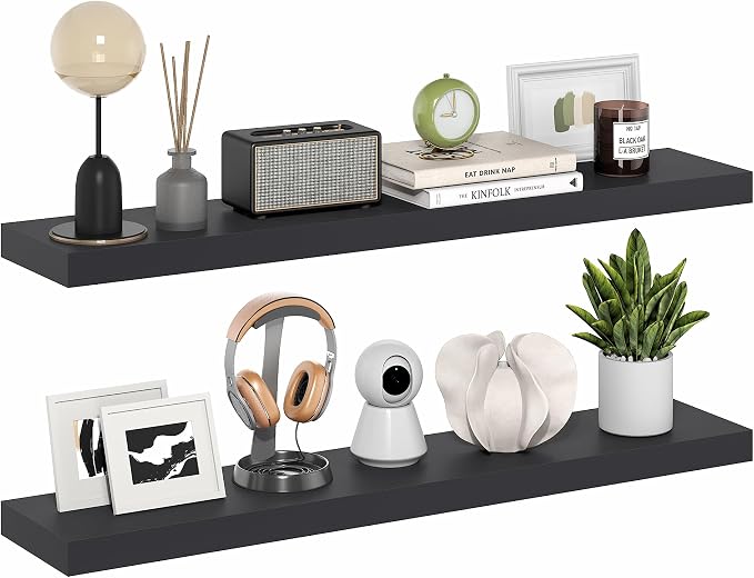 Furinno Tanna Floating Shelves for Wall Set of 2, 9 x 47 Wall Shelf, Wall Mounted Floating Shelf with Invisible Bracket, 2-Inch Thick, for Bathroom, Living Room, Bedroom, Home Office, Americano