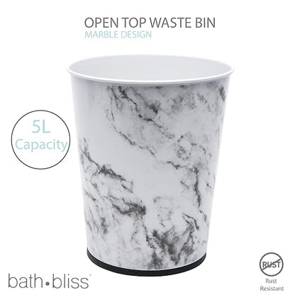 Bath Bliss 5 Liter Small Wastebasket | Round Open Top | Trash Can | Bathroom | Bedroom | Kitchen | Office | Dorm | Disposal Waste Bin | Garbage | Marble