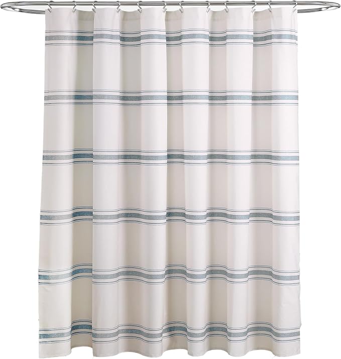 Lush Decor Farmhouse Stripe Cotton Shower Curtain, 72" W x 72" L, Blue - Striped Bathroom Curtain - Fabric Shower Curtains - Farmhouse Bathroom Decor