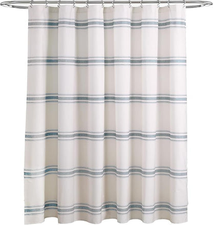 Lush Decor Farmhouse Stripe Cotton Shower Curtain, 72" W x 72" L, Blue - Striped Bathroom Curtain - Fabric Shower Curtains - Farmhouse Bathroom Decor