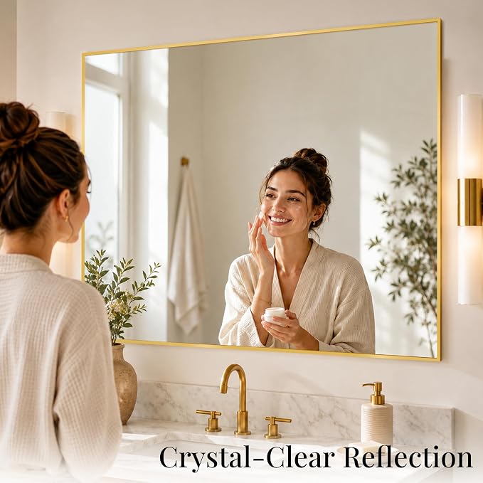 48"x36" Brushed Gold Large Framed Bathroom Vanity Wall Mirror | Large Vanity Wall Mirror, Slim Metal Frame, Dresser or Sideboard Use, Vertical/Horizontal Mount, Tempered Glass