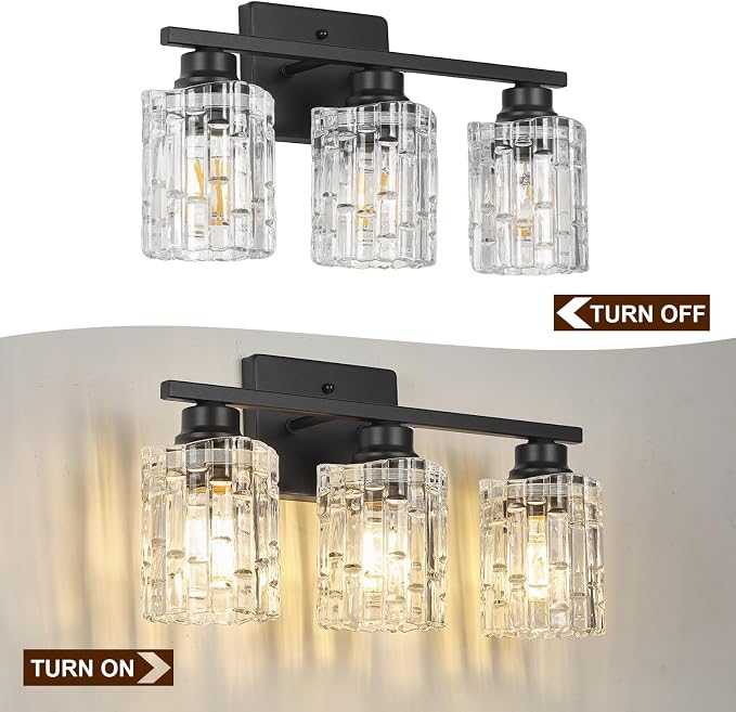 Refice 3-Light Bathroom Vanity Lights Crystal Glass, Black | Bathroom Light Fixtures Vanity Lighting Over Mirror for Living Room Farmhouse, Hallway