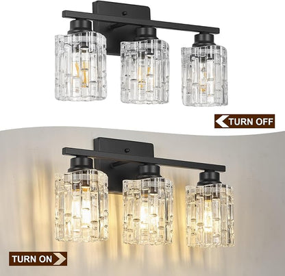 Refice 3-Light Bathroom Vanity Lights Crystal Glass, Black | Bathroom Light Fixtures Vanity Lighting Over Mirror for Living Room Farmhouse, Hallway