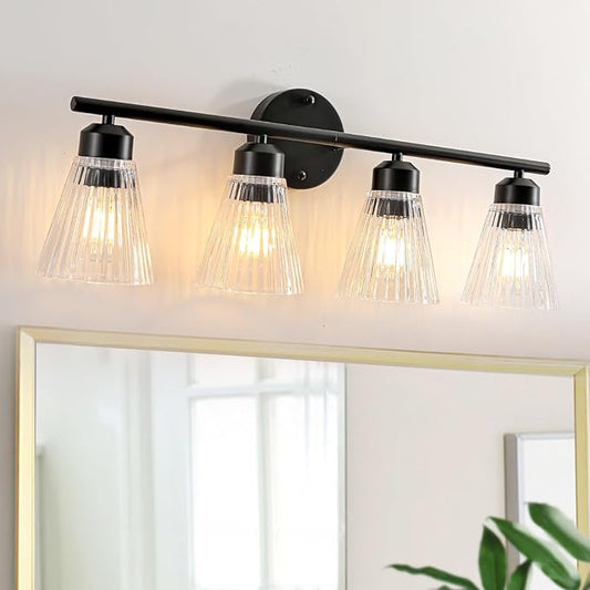 4-Light Bathroom Vanity Light, Matte Black Bathroom Light Fixtures Over Mirror with Stripe Glass, Modern Wall Lamp, Black Wall Sconces for Living Room Bedroom Kitchen Hallway