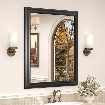 24x28 Inch Black Bathroom Mirror, Matte Black Vanity Mirror | Thick Metal Curved Frame, Rectangle Mirror for Over Sink, Shatterproof, Anti-Rust, Right Angle, Horizontally or Vertically