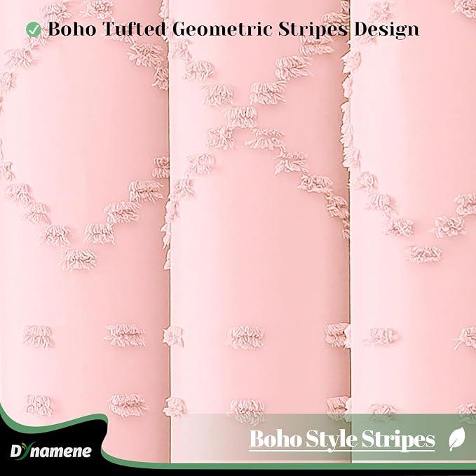 Extra Long Boho Shower Curtain Tufted Geometric 72"x96" Pink | 96 Inch Tall, Elegant Tassel, Lightweight Textured Fabric, Water Repellent, Washable, Hotel Spa, for Bathroom/Dorm 12 Hooks