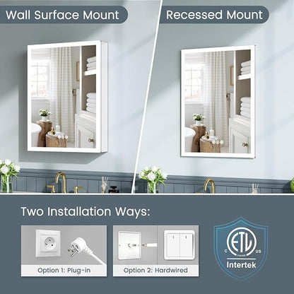 24x30 Inch Lighted Medicine Cabinet with Mirror, AL Alloy Frame, Plug-in or Hardwired, Recessed or Surface Mount, 3 Colors/Dimmable/Interior Sensor Light/Defog, 2 Outlets & USBs, 2 Shelves