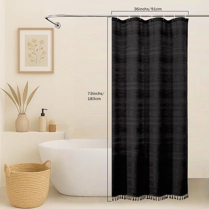 Black Boho Stall Shower Curtain, Narrow Soft Fabric Striped Linen Textured Bathroom Shower Curtain with Tassel, Modern Farmhouse Machine Washable Bath Decor, Black, 36Wx72L Inches