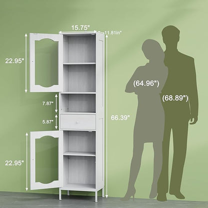 66.4" Tall Bathroom Storage Cabinet with Adjustable Shelves and Glass Doors, Anti-Tipping Narrow Cabinet, Linen Cabinet for Bathroom, Kitchen, Living Room, Cloud White