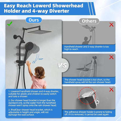 Metal 10" Rain Shower Head with Handheld, 10-Mode with Filter, Easy Reach | Oil Rubbed Bronze, High-Pressure Rainfall Showerhead, 4-Way Diverter Pause Mode, Adjustable 16" Extension Arm/71" Hose/Holder