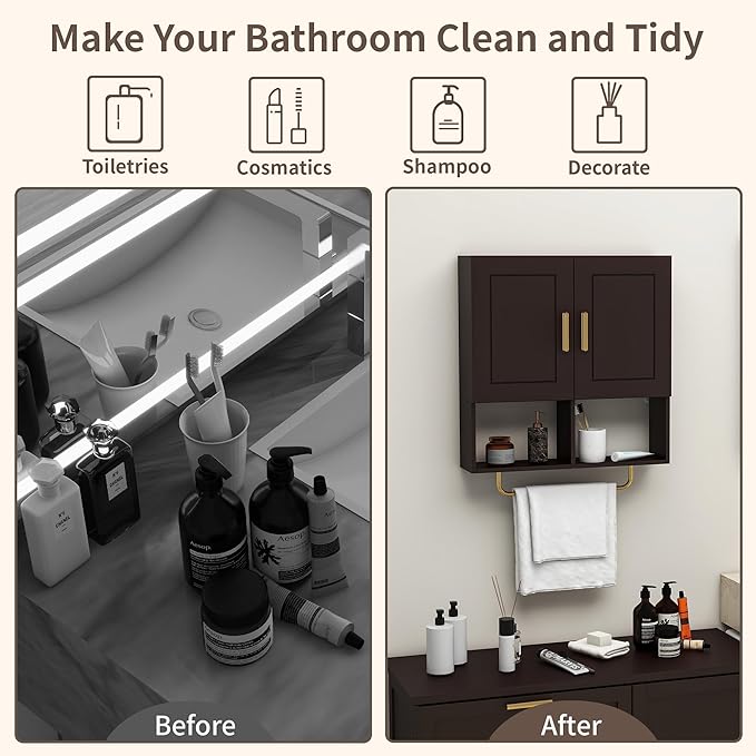 Wall Mounted Bathroom Storage Cabinet Medicine Cabinet with Adjustable Shelves & Towel Bar for Bathroom, Laundry Room, Bedroom, Enterway
