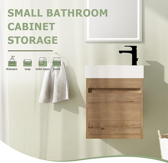 18" Bathroom Vanity with Sink, 18 Inch Floating Bathroom Vanity for Small Space, Modern Bathroom Vanity, Brown Wall Mounted Cabinet Set（005）