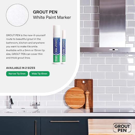 Grout Pen White Tile Grout Paint Marker Restorer - Wide 15mm Tip (20ml) | Waterproof Grout Line Refresher for Kitchen & Bathroom, Colorant and Sealer Pens for Cleaner Looking Grout Lines - White