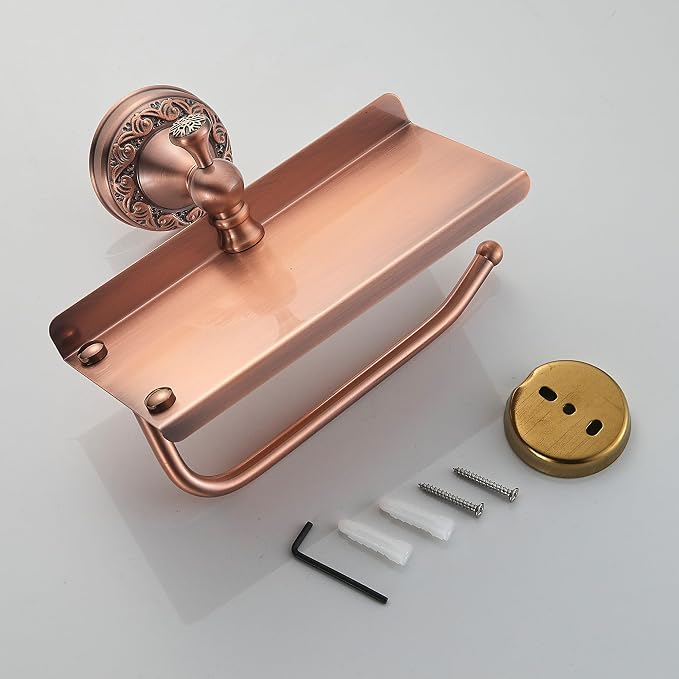 Red Copper Bath Toilet Paper Holder with Phone Shelf, Wall Mounted Bathroom Hardware Accessories, Pattern Carving Design, PBR-4386W