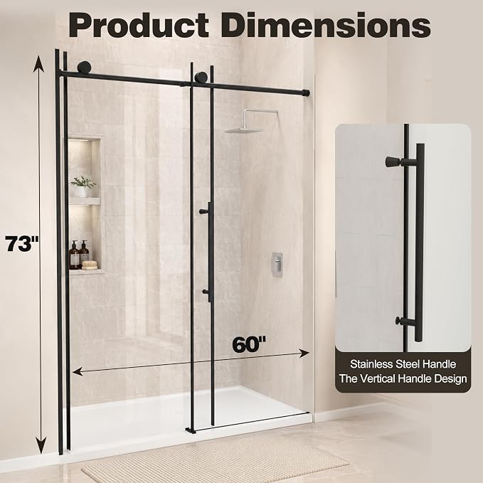 60 x 73 Inch Frameless Single Sliding Shower Door with Nano Coating | Bypass Glass Shower Door with 5/16" SGCC Tempered Glass & Explosion-Proof Film, Water Repellent, Matte Black