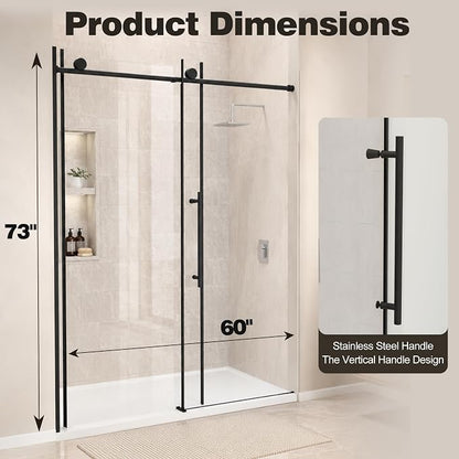 60 x 73 Inch Frameless Single Sliding Shower Door with Nano Coating | Bypass Glass Shower Door with 5/16" SGCC Tempered Glass & Explosion-Proof Film, Water Repellent, Matte Black
