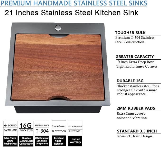 21 Inch Black Drop In Kitchen Sink, 21x20 Inch Gunmetal Black Top Mount 16 Gauge Stainless Steel Single Bowl Workstation RV Small Kitchen Outdoor Laundry Wet Prep Sink with Accessories