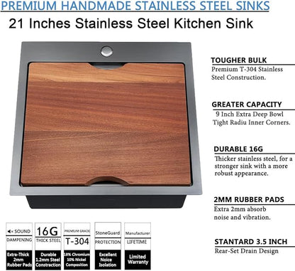 21 Inch Black Drop In Kitchen Sink, 21x20 Inch Gunmetal Black Top Mount 16 Gauge Stainless Steel Single Bowl Workstation RV Small Kitchen Outdoor Laundry Wet Prep Sink with Accessories