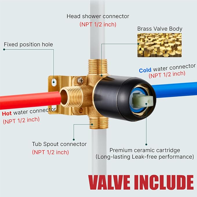 Heyalan 8 Inch Shower Faucet Set with Tub Spout and Valve,Oil Rubbed Bronze | 8-inch square rainfall head, tub spout with diverter, male-thread rough-in valve, single-handle control and wall-mount design