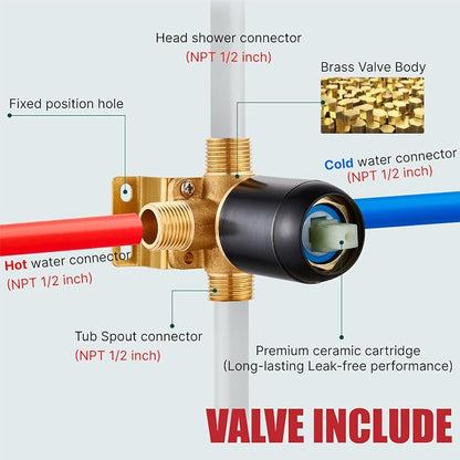 Heyalan 8 Inch Shower Faucet Set with Tub Spout and Valve,Oil Rubbed Bronze | 8-inch square rainfall head, tub spout with diverter, male-thread rough-in valve, single-handle control and wall-mount design