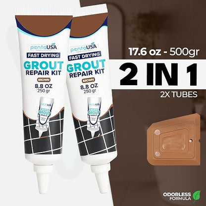 Premixed Tile Grout Repair - Beige Brown 2-Pack (17.6oz/500g) | Acrylic sanded formula, for bathroom shower kitchen tile, water-resistant, 24-hour cure, 58 sq ft, value 2-pack