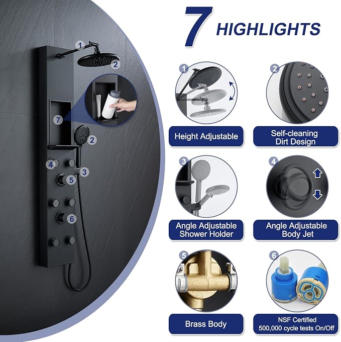 ROVATE Shower Panel Tower System with Shelf & 6 Body Jets, Matte Black | Stainless Steel Shower Column with Height Adjustable Shower Arm, Self-Cleaning Rainfall Shower & Handheld, Mixing Valve Body
