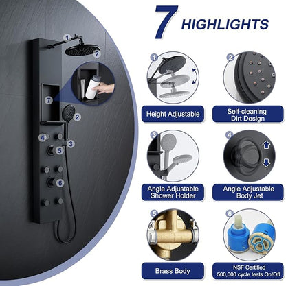 ROVATE Shower Panel Tower System with Shelf & 6 Body Jets, Matte Black | Stainless Steel Shower Column with Height Adjustable Shower Arm, Self-Cleaning Rainfall Shower & Handheld, Mixing Valve Body