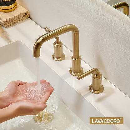Champagne Gold Bathroom Faucet, Solid Brass Bathroom Faucet | 8 inch Widespread Bathroom Faucet 3 Hole with Drain Assembly Supply Line, Lead-Free Bronze Gold Vanity Faucet BF503-CB