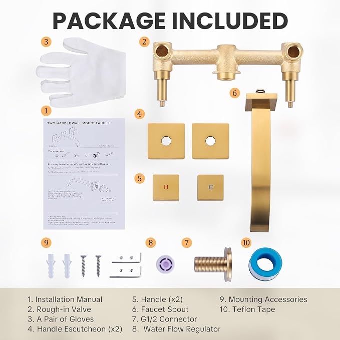 Wall Mounted Bathroom Sink Faucet, Brushed Gold Bathroom Faucet | Waterfall Bathroom Sink Faucet with Two Handles, Controllable Heat and Cold, Solid Brass Wall-Mount Washroom Faucets