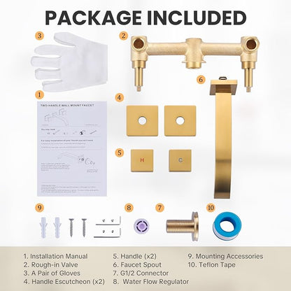 Wall Mounted Bathroom Sink Faucet, Brushed Gold Bathroom Faucet | Waterfall Bathroom Sink Faucet with Two Handles, Controllable Heat and Cold, Solid Brass Wall-Mount Washroom Faucets
